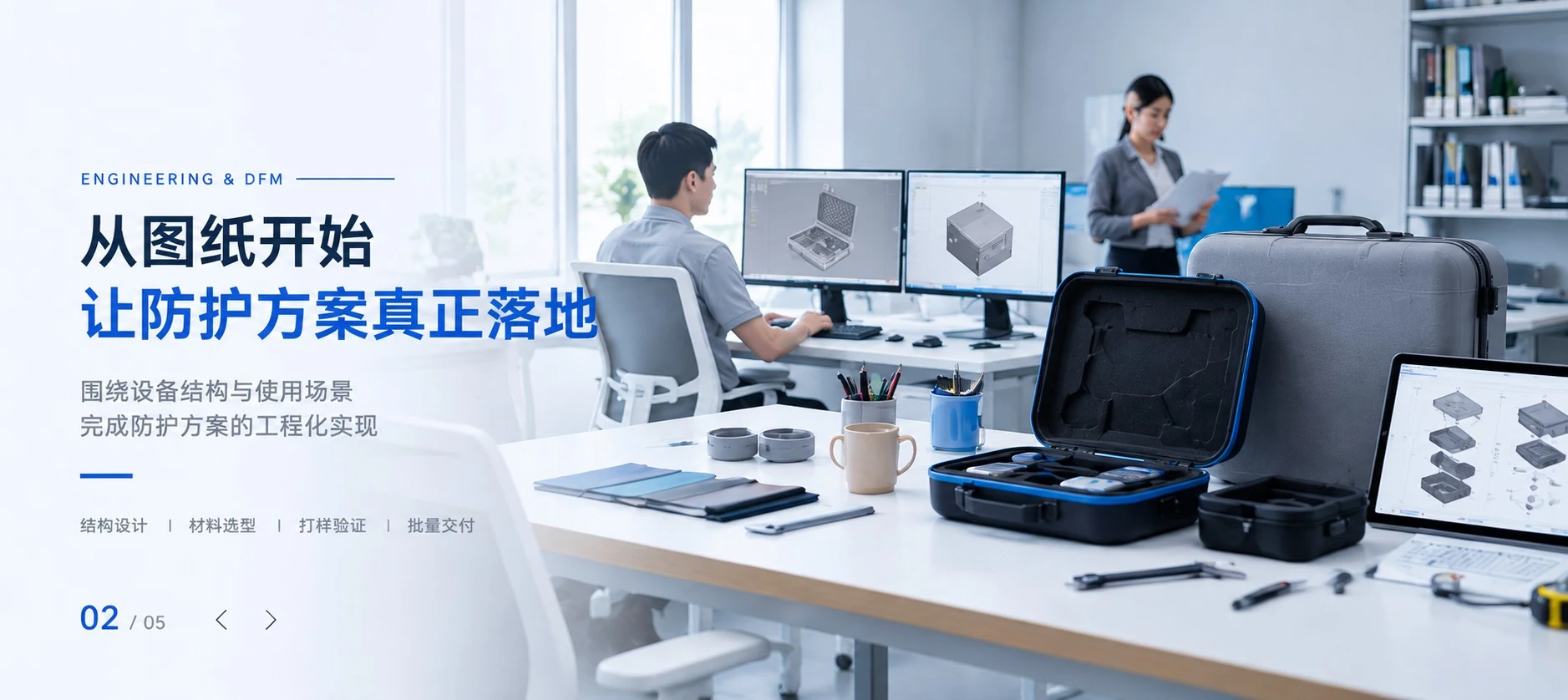 Engineer reviewing CAD drawings beside custom protective cases